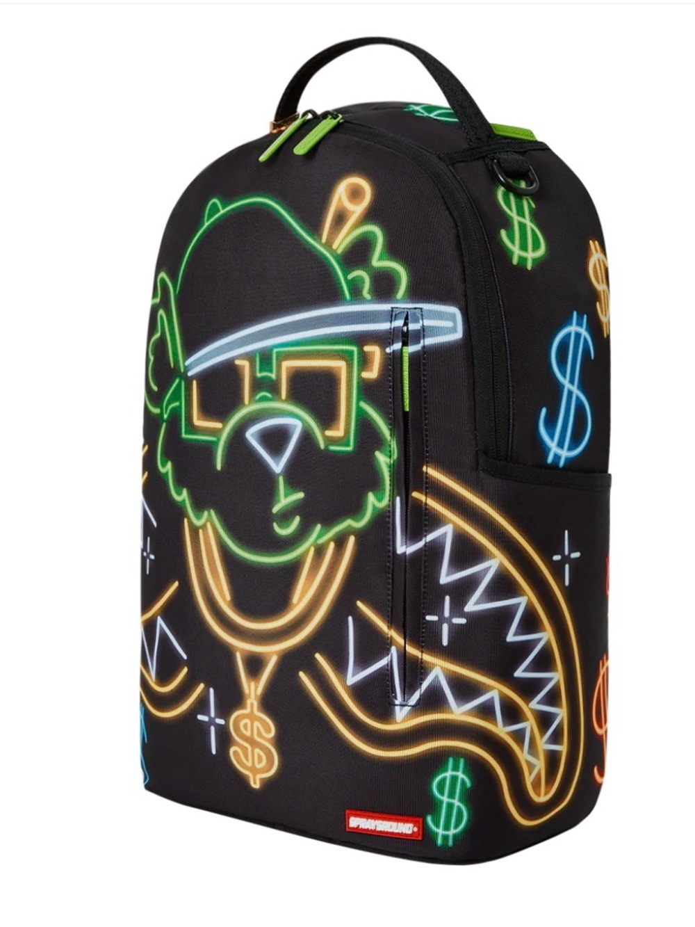 Sprayground Black Backpack with Neon Green, Gold & Blue Dollar Graphics